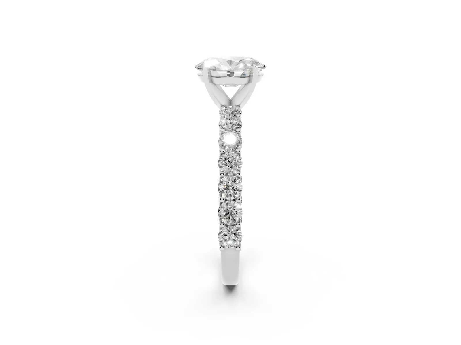 Oval Cut Diamond Solitaire Ring with Shared Prong Pavé Band and Four-Prong Setting White gold