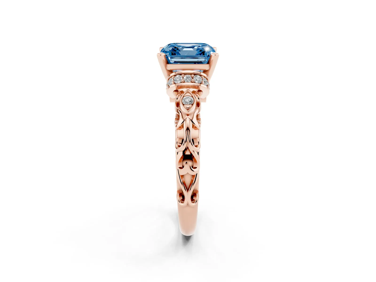 Fancy Blue Asscher Cut Diamond Solitaire Ring with Filigree Band and Four-Prong Setting Rose gold