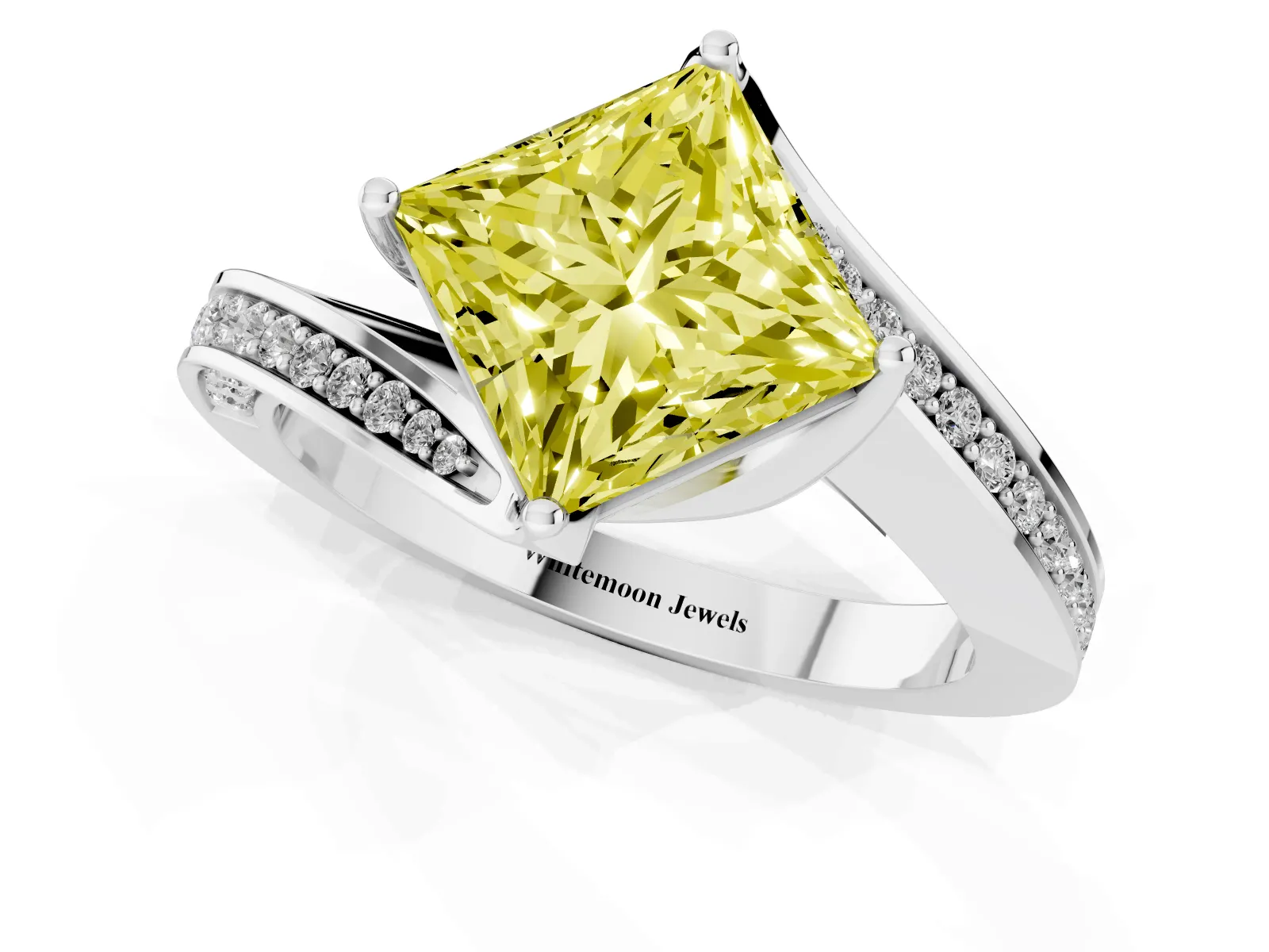 Fancy Yellow Princess Cut Solitaire Diamond Twist Band with Pavé Setting and Four-Prong Setting Platinum