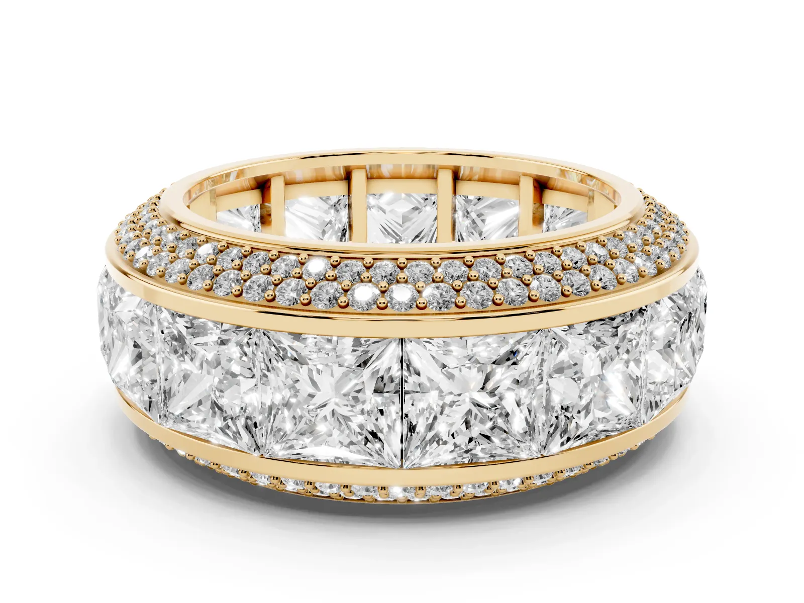 Princess Diamond Pavé Mens Wedding Band with Round Diamond Accents Yellow gold