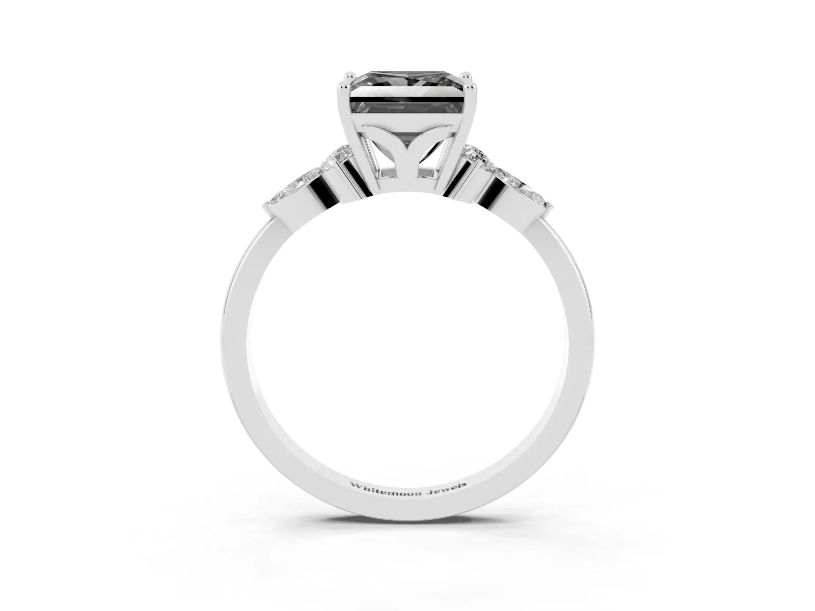 Fancy Black Princess Cut Brilliant Diamond Solitaire Ring with Pear Side Stones and Four-Prong Setting Platinum