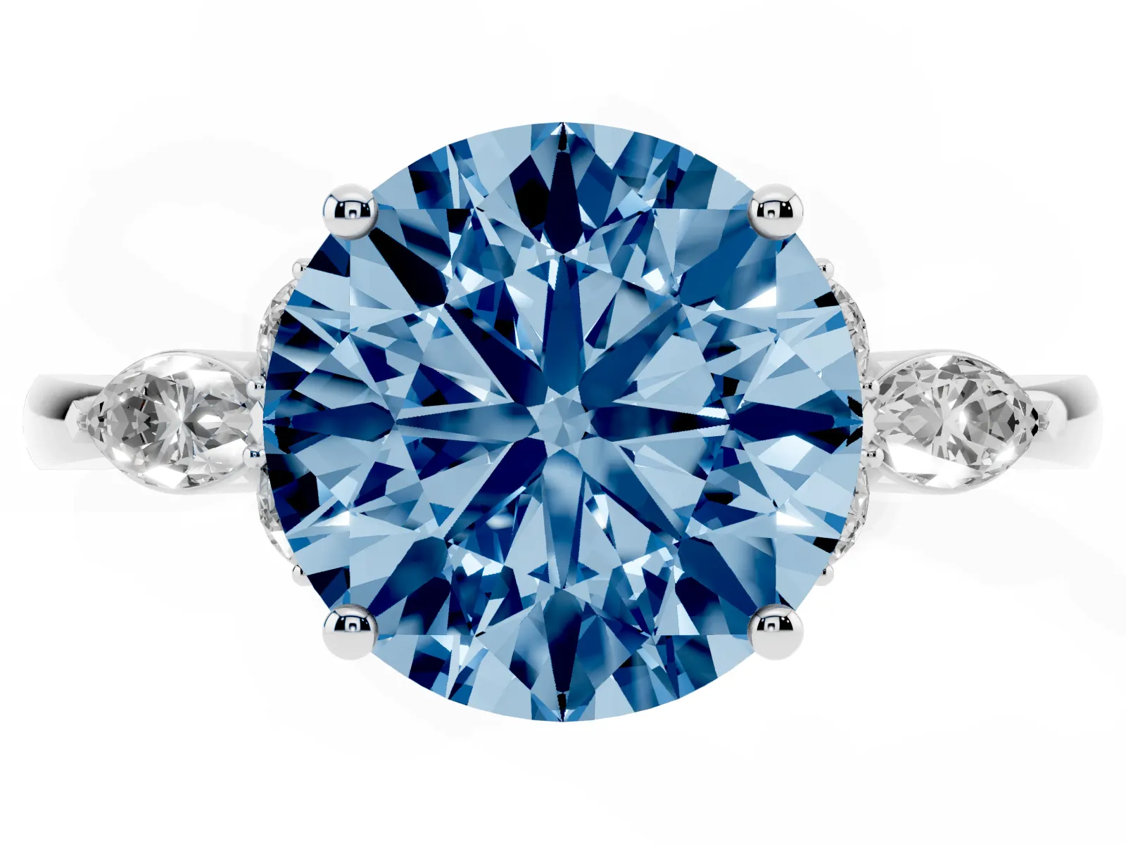 Fancy Blue Round Cut Brilliant Diamond Solitaire Ring with Pear Side Stones and Four-Prong Setting Platinum