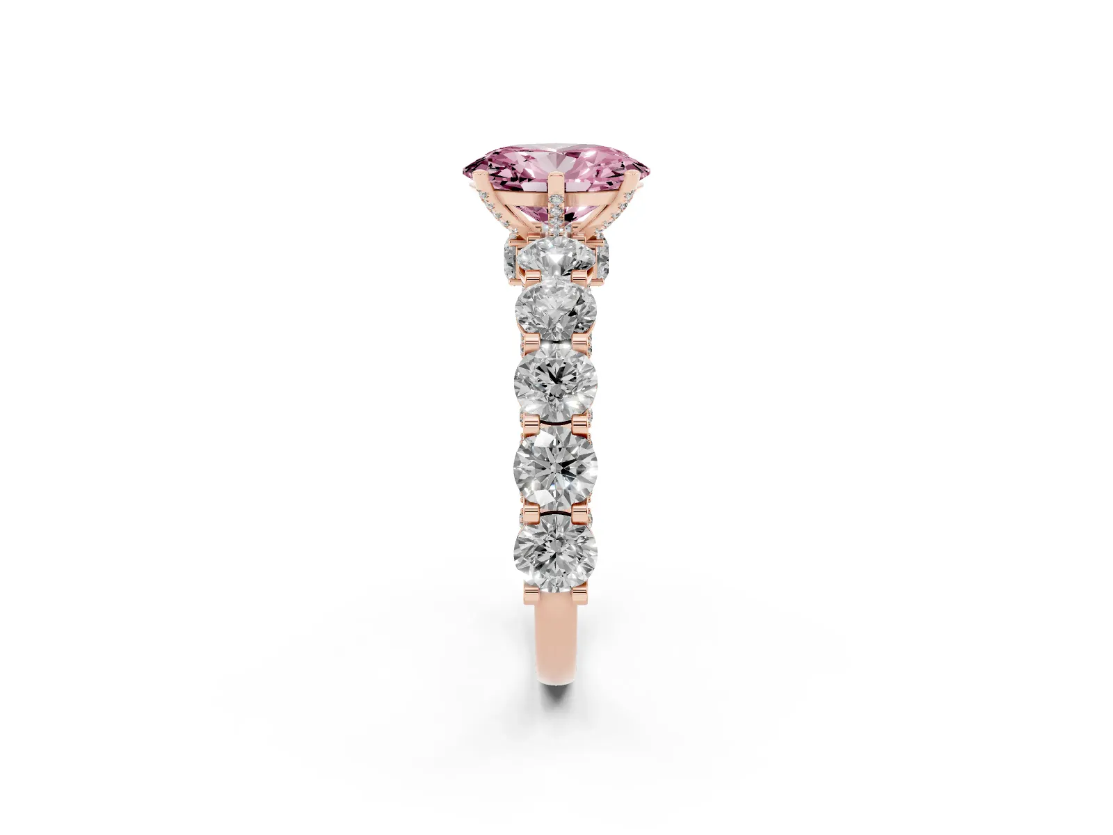 Fancy Pink Oval Cut Diamond Side Stone Engagement Ring with Four-Prong Setting Rose gold