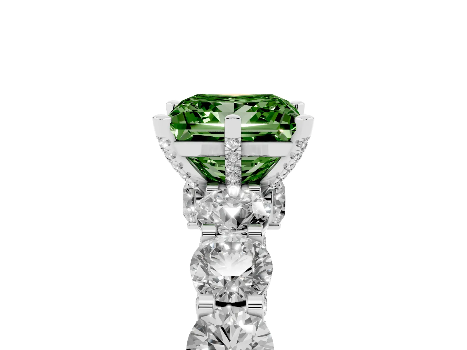 Fancy Green Princess Cut Diamond Side Stone Engagement Ring with Four-Prong Setting Platinum