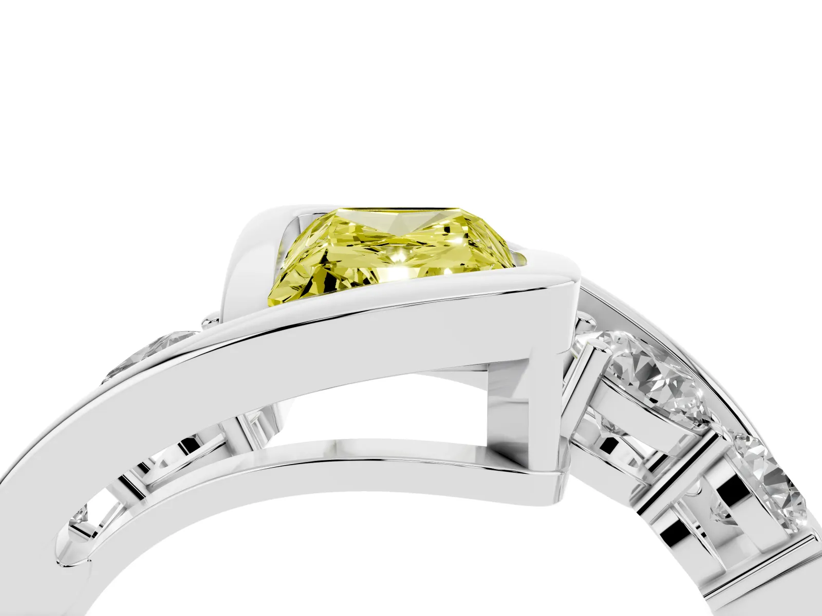 Fancy Yellow Bezel Set Radiant Cut Diamond Bypass Ring with Round Accents White gold