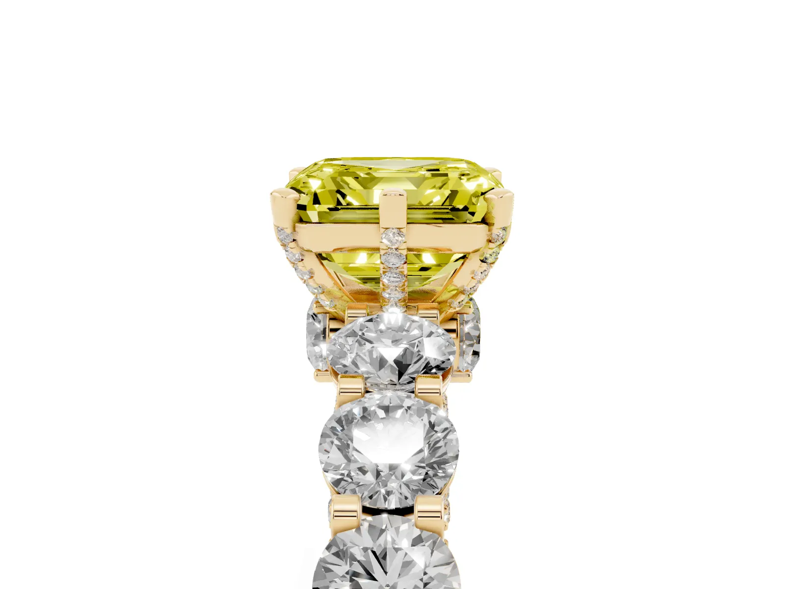 Fancy Yellow Asscher Cut Diamond Side Stone Engagement Ring with Four-Prong Setting Yellow gold