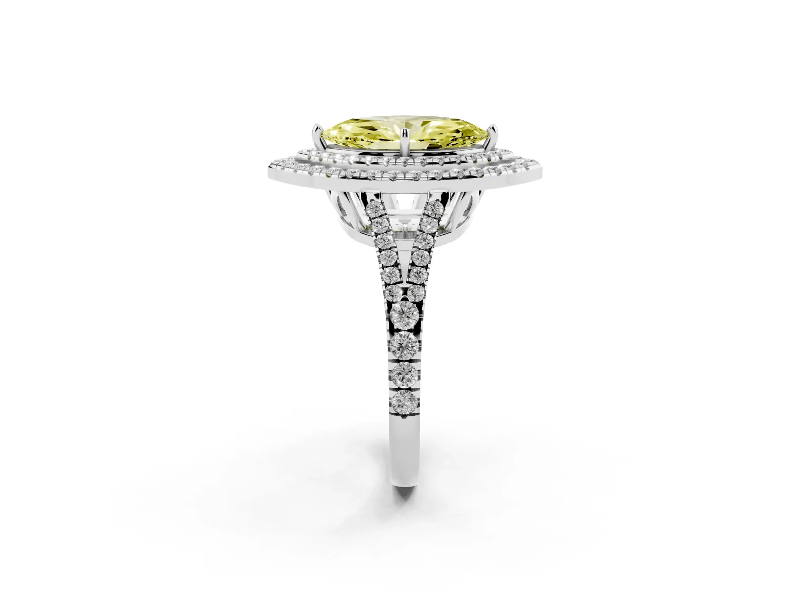 Fancy Yellow Marquise Cut Diamond Double Halo Ring with Pavé Band and Prong Setting Platinum