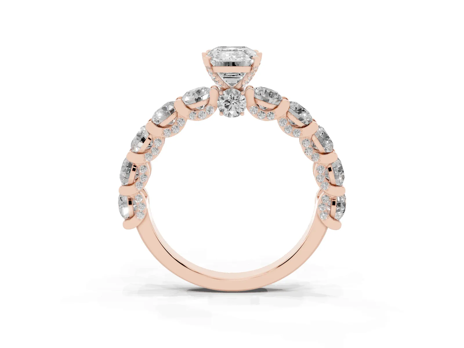 Emerald Cut Diamond Side Stone Engagement Ring with Four-Prong Setting Rose gold