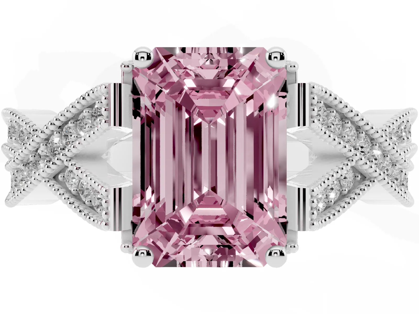 Fancy Pink Emerald Cut Cut Diamond Twisted Band with Milgrain Pave Setting and Four-Prong Setting Platinum