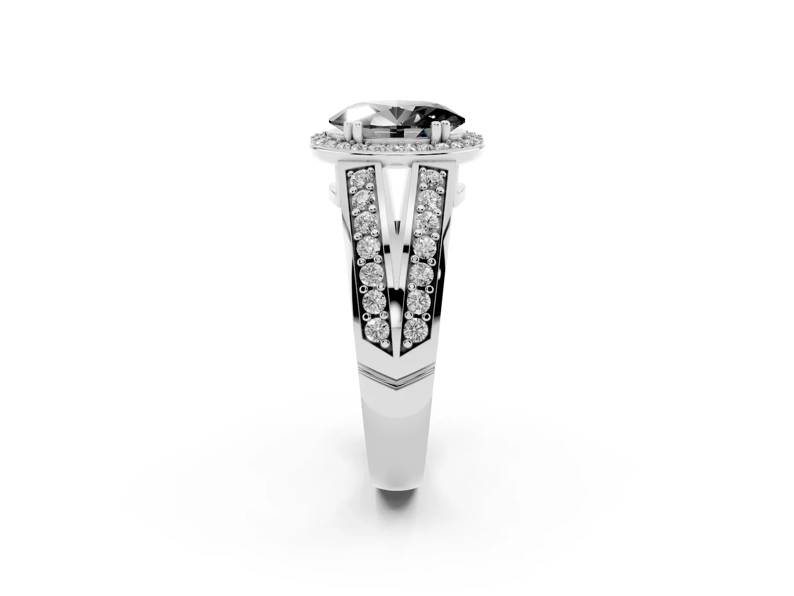 Fancy Black Oval Cut Diamond Halo Ring with Split Shank Pavé Band and Four-Prong Setting White gold