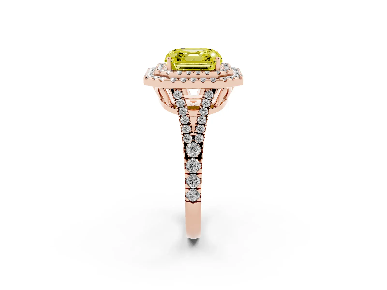 Fancy Yellow Asscher Cut Diamond Double Halo Ring with Pavé Band and Prong Setting Rose gold