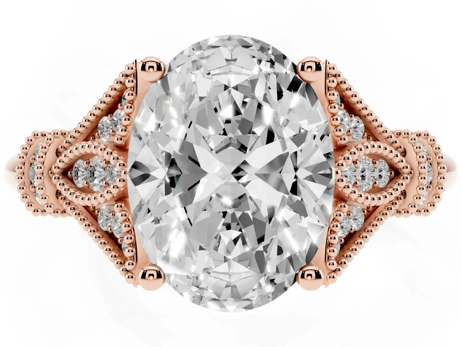 Oval Cut Diamond Solitaire Ring with Floral Filigree and Pave Accents Rose gold