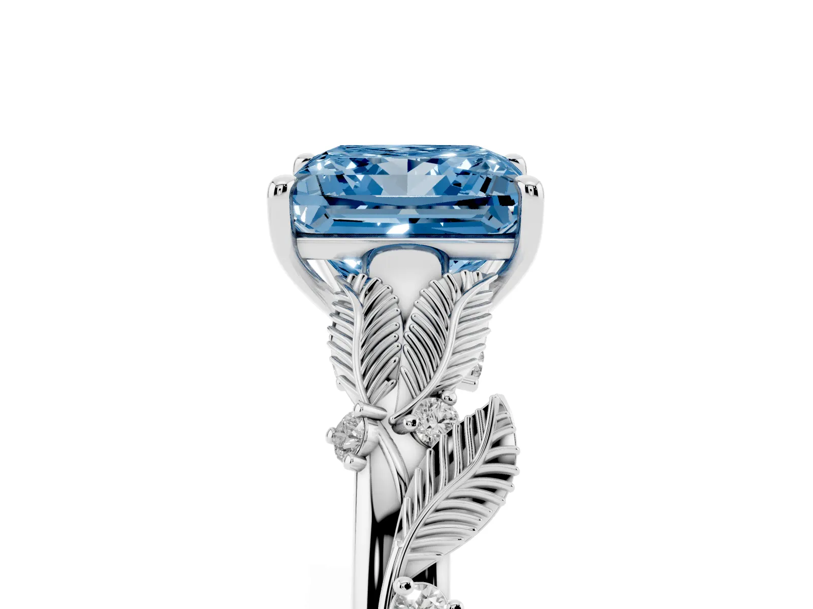 Fancy Blue Princess Cut Diamond Solitaire Ring with Leaf Motif Band and Four-Prong Setting Platinum