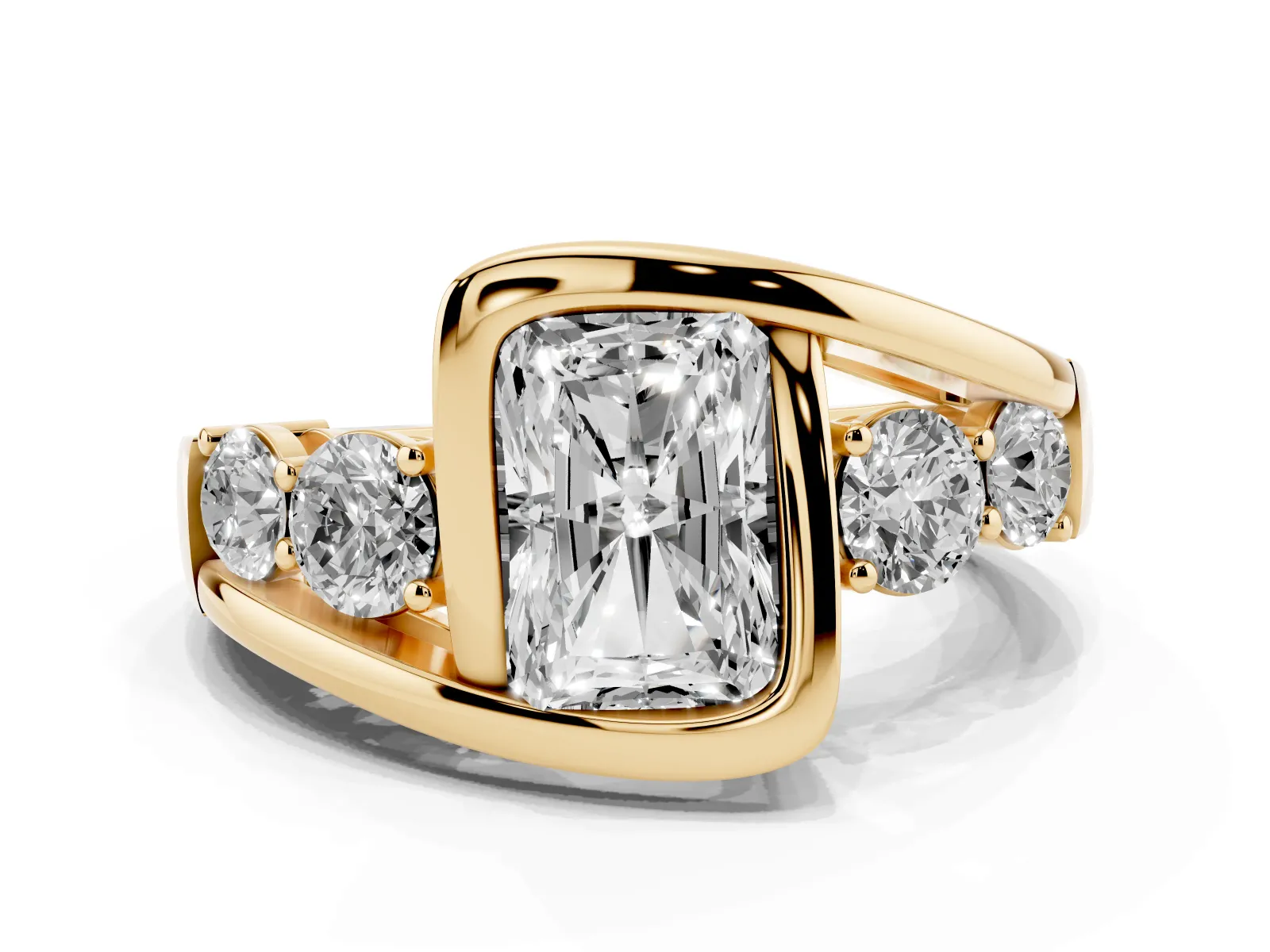 Bezel Set Radiant Cut Diamond Bypass Ring with Round Accents Yellow gold