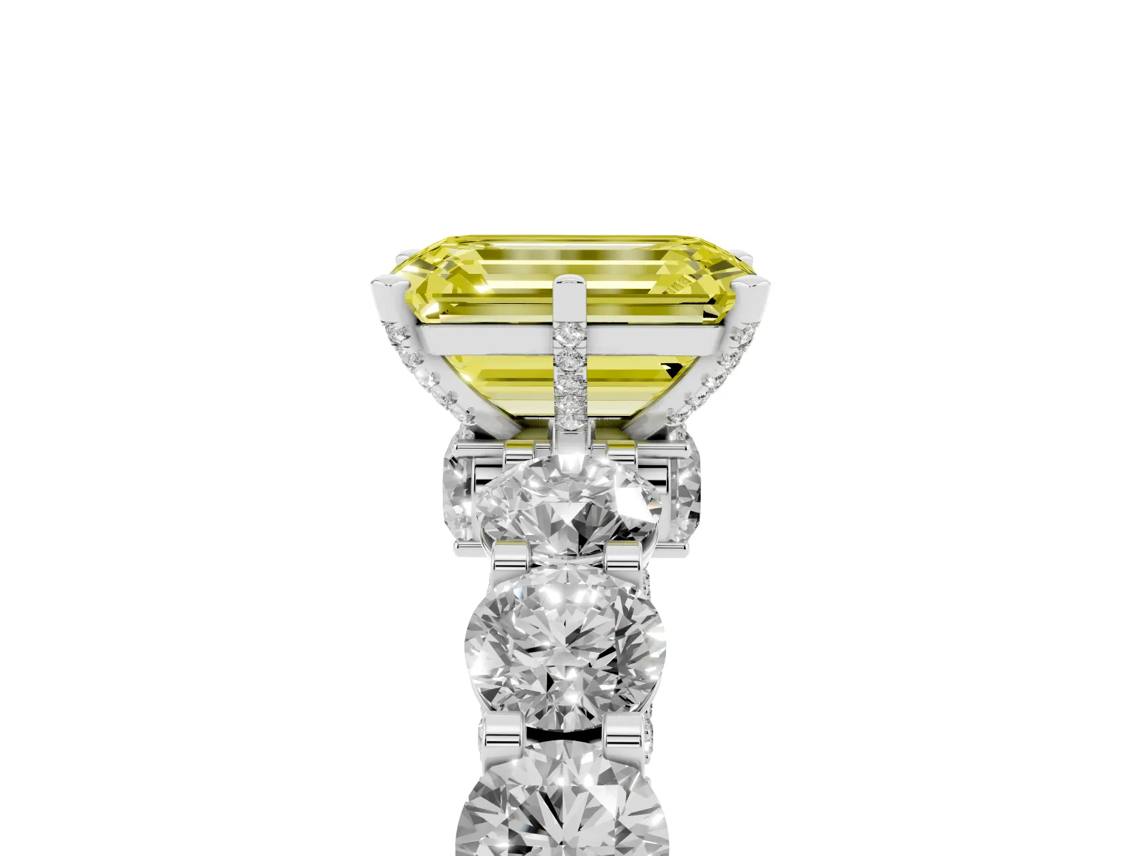 Fancy Yellow Emerald Cut Diamond Side Stone Engagement Ring with Four-Prong Setting Platinum