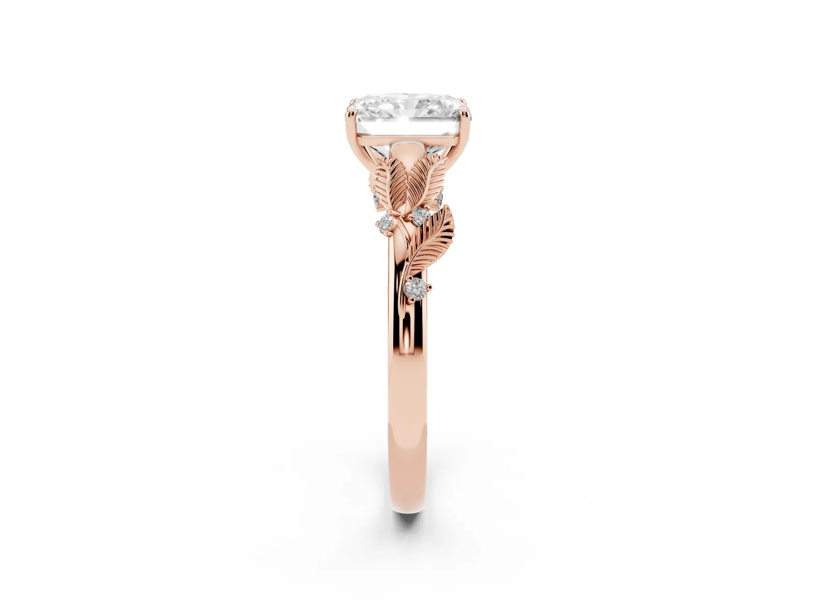 Radiant Cut Diamond Solitaire Ring with Leaf Motif Band and Four-Prong Setting Rose gold
