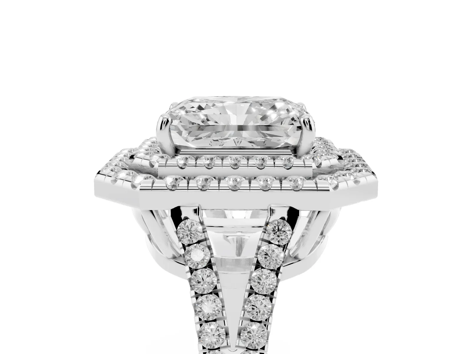 Radiant Cut Diamond Double Halo Ring with Pavé Band and Prong Setting Platinum