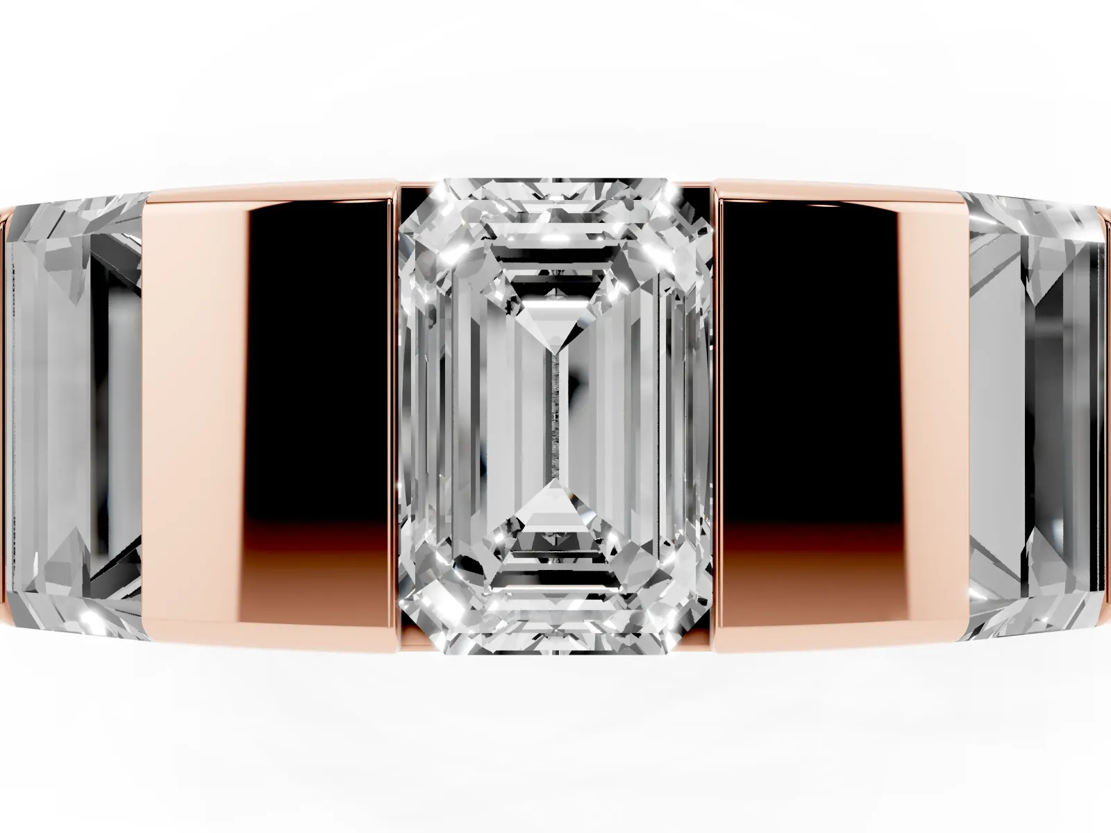 Emerald Cut Diamond Three-Stone Mens Ring with Baguette Side Stones Rose gold
