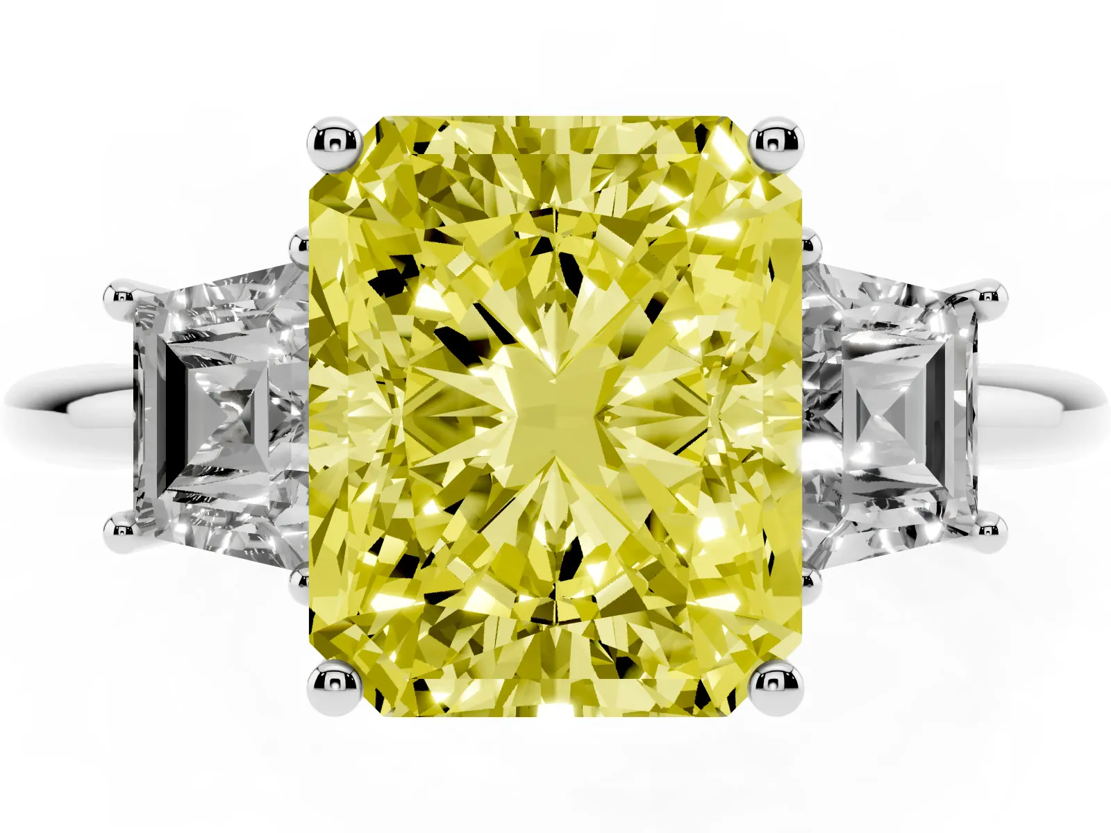 Fancy Yellow Radiant Cut Diamond Three-Stone Ring with Trapezoid Side Stones and Prong Setting Platinum