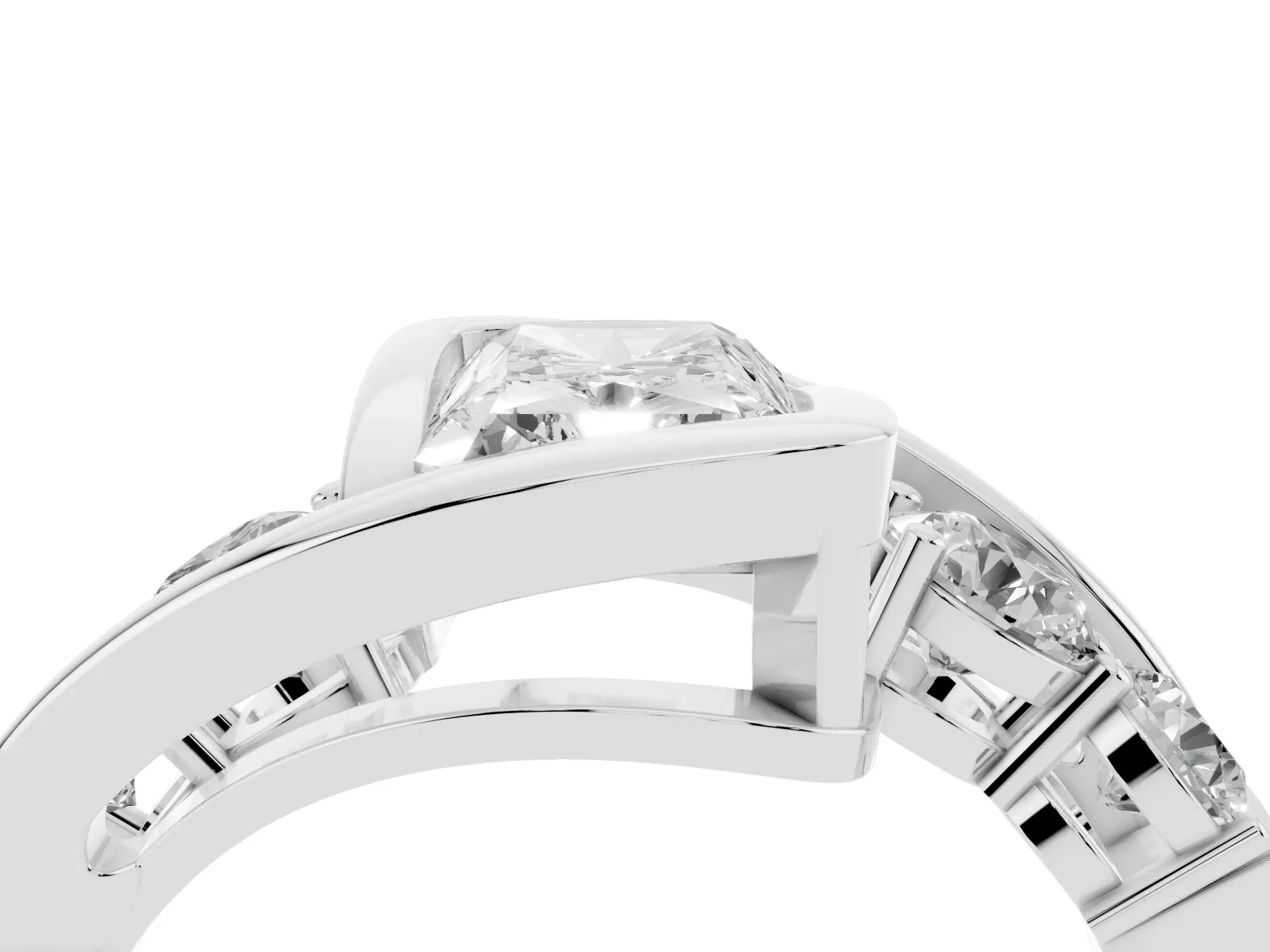 Bezel Set Radiant Cut Diamond Bypass Ring with Round Accents White gold