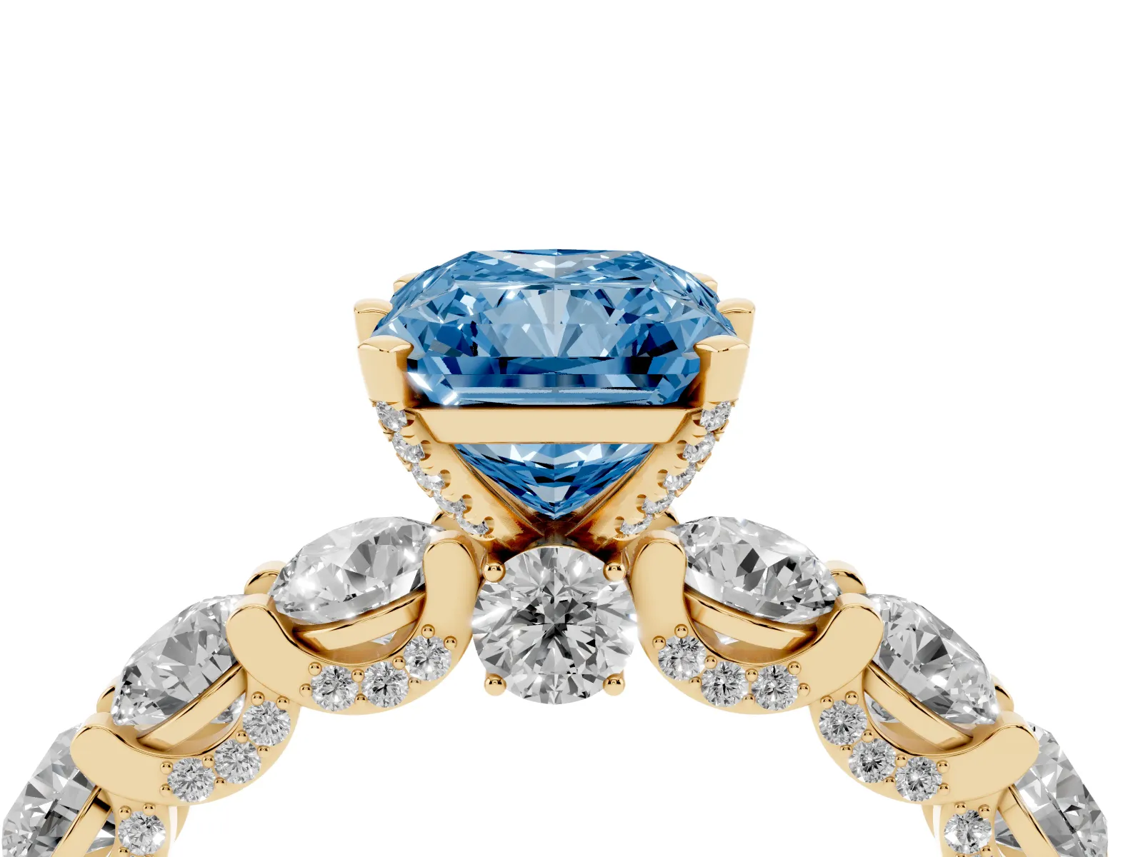 Fancy Blue Radiant Cut Diamond Side Stone Engagement Ring with Four-Prong Setting Yellow gold