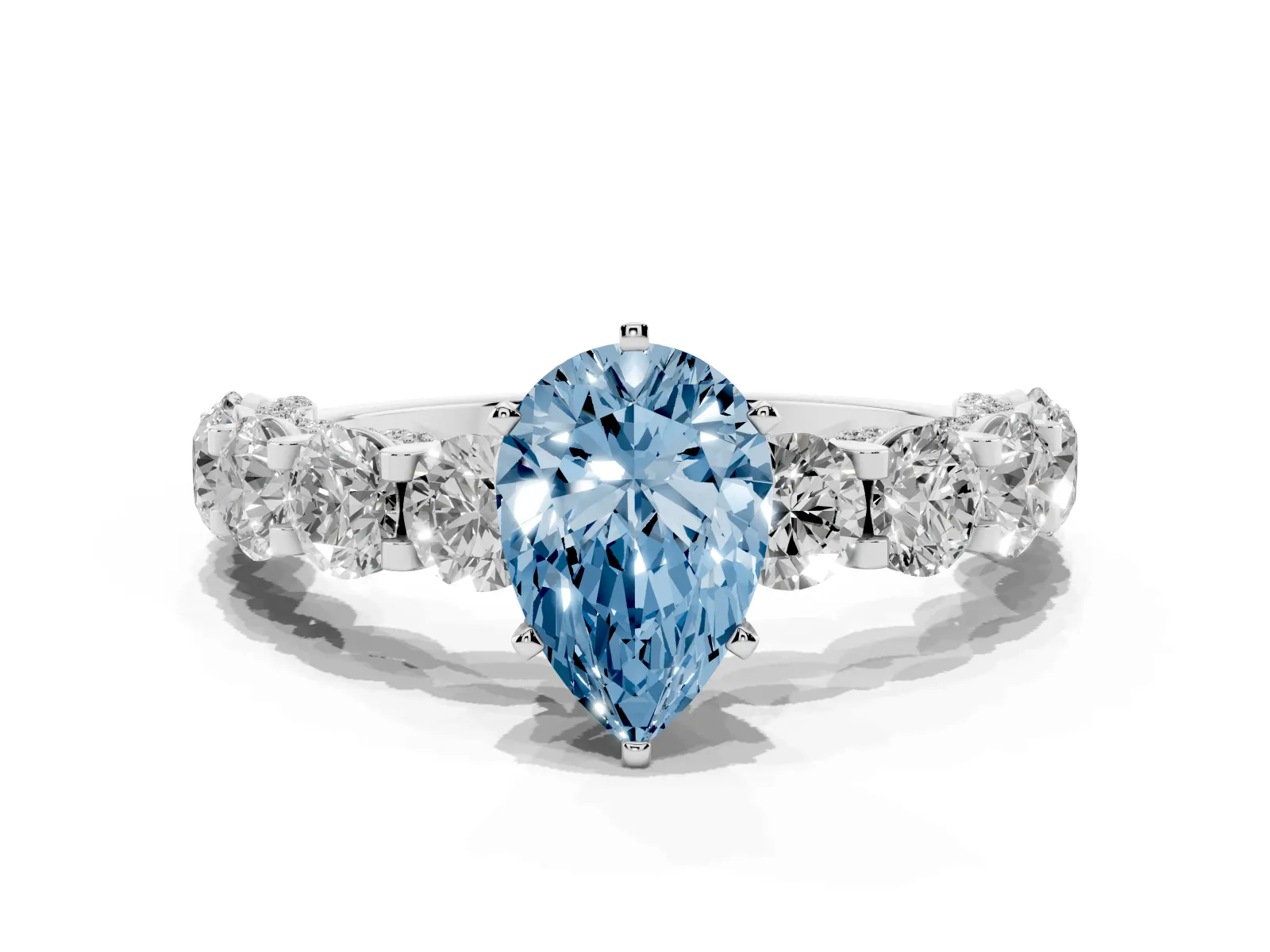 Fancy Blue Pear Cut Diamond Side Stone Engagement Ring with Four-Prong Setting White gold