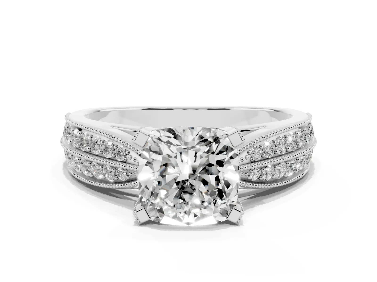 Cushion Cut Diamond Solitaire Ring with Milgrain Round Pavé Band and Prong Setting Platinum