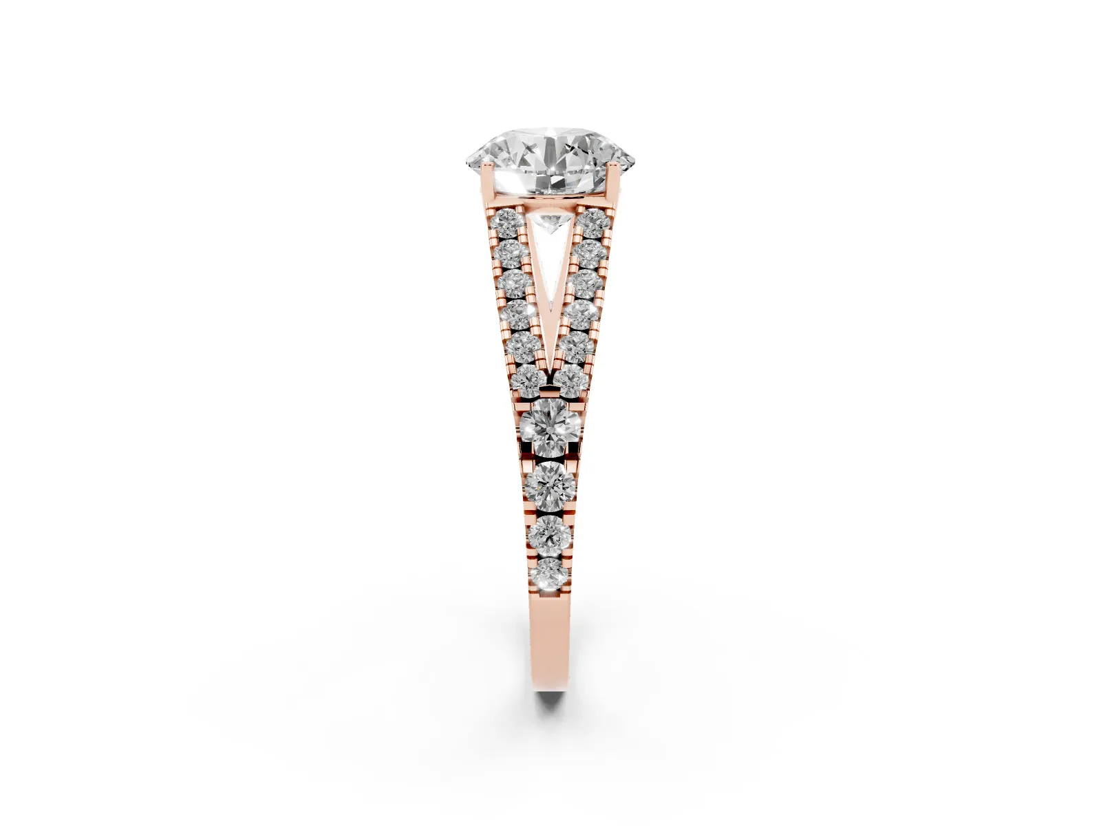 Round Cut Diamond Split Shank Engagement Ring with Round Pavé and Prong Setting Rose gold