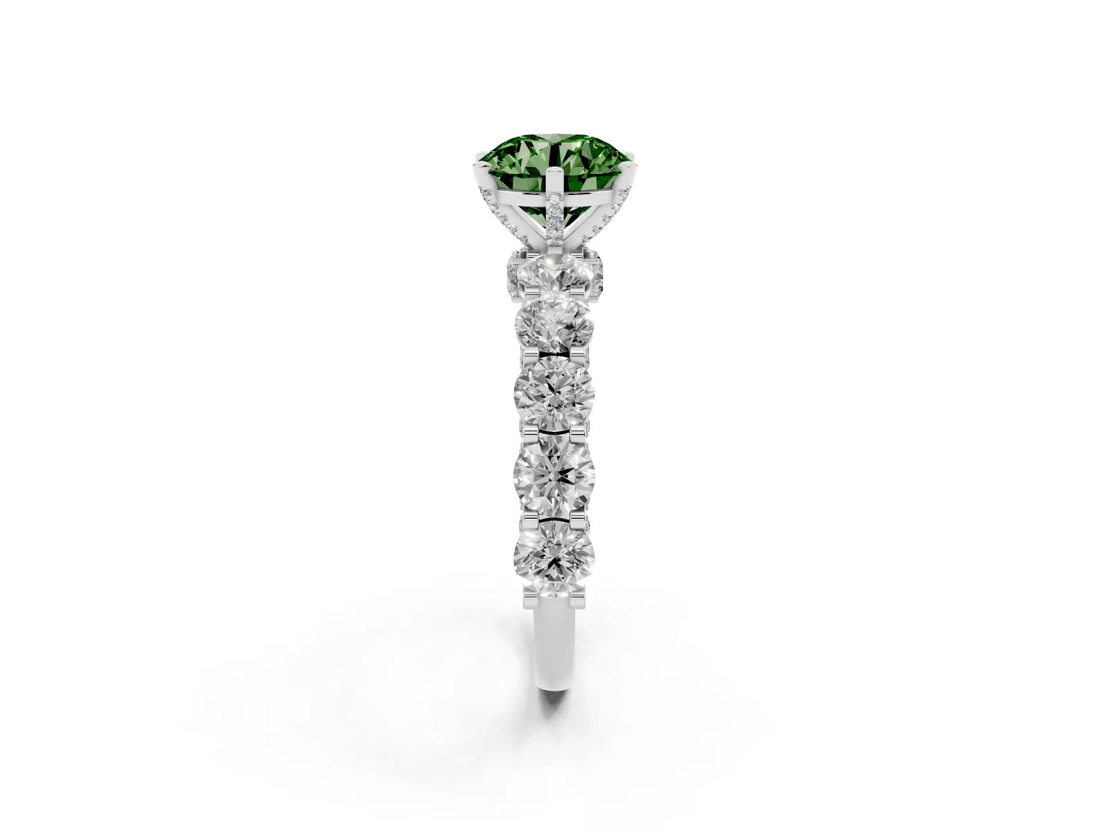 Fancy Green Round Cut Diamond Side Stone Engagement Ring with Four-Prong Setting White gold
