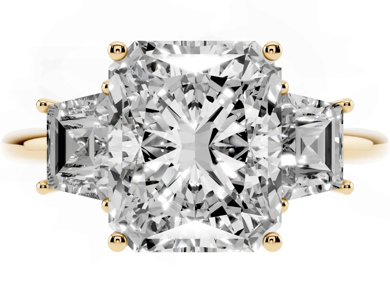 Radiant Cut Diamond Three-Stone Ring with Trapezoid Side Stones and Prong Setting Yellow gold