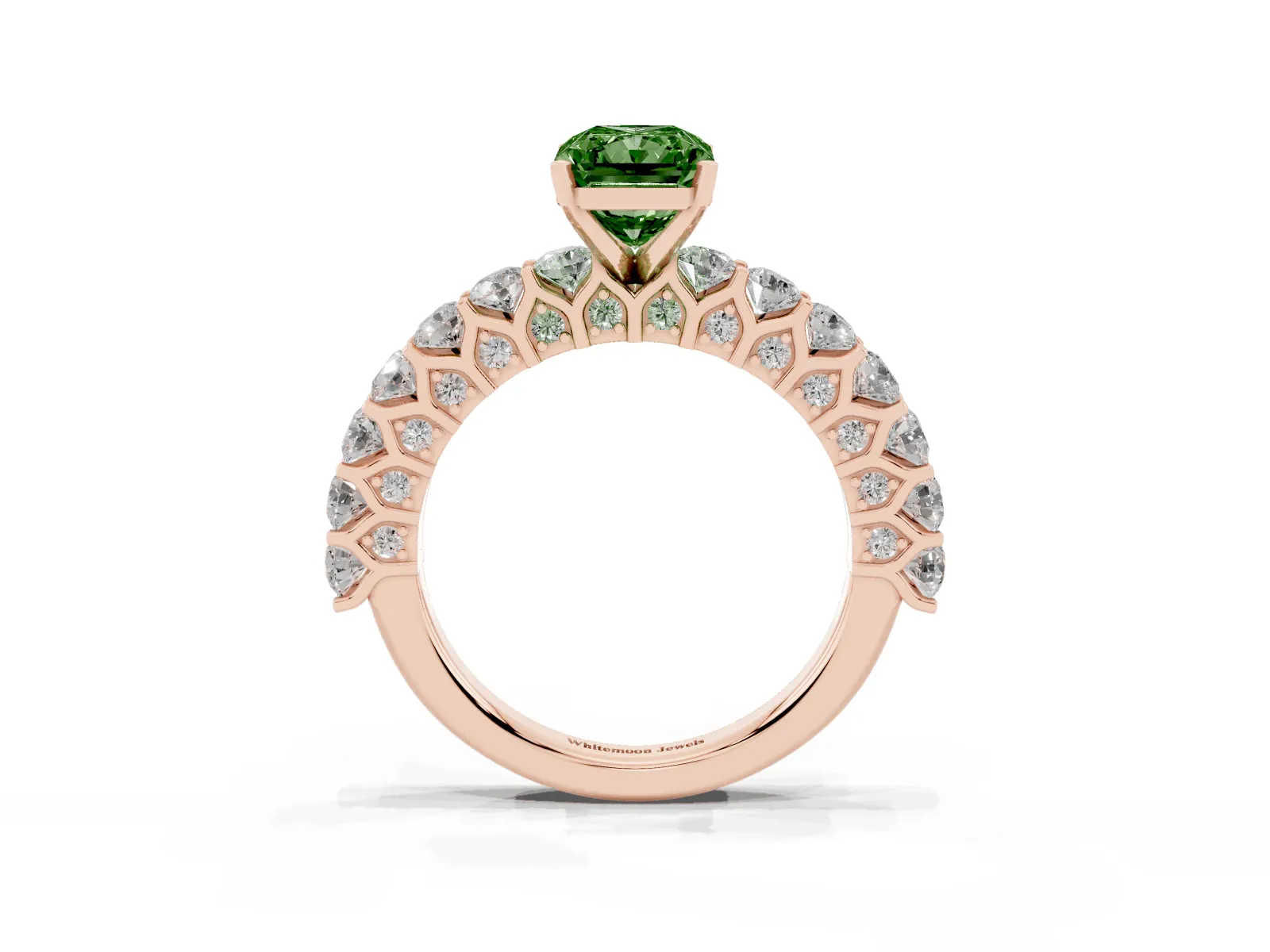 Fancy Green Radiant Cut Diamond Solitaire Ring with Shared Prong Pavé Band and Four-Prong Setting Rose gold