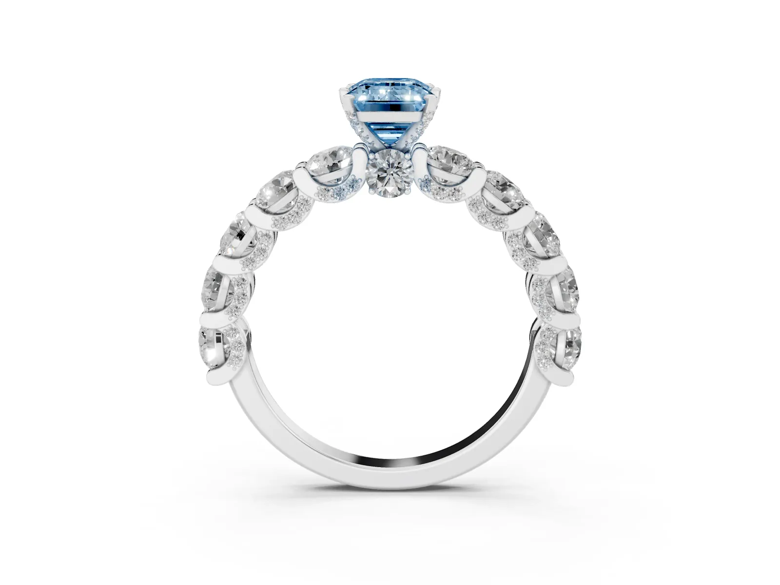 Fancy Blue Emerald Cut Diamond Side Stone Engagement Ring with Four-Prong Setting White gold