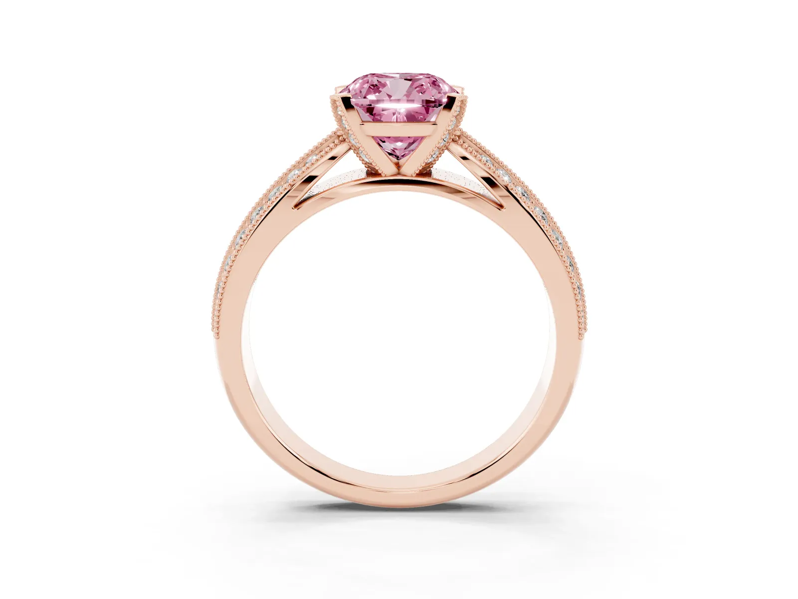 Fancy Pink Cushion Cut Diamond Solitaire Ring with Milgrain Round Pavé Band and Prong Setting Rose gold