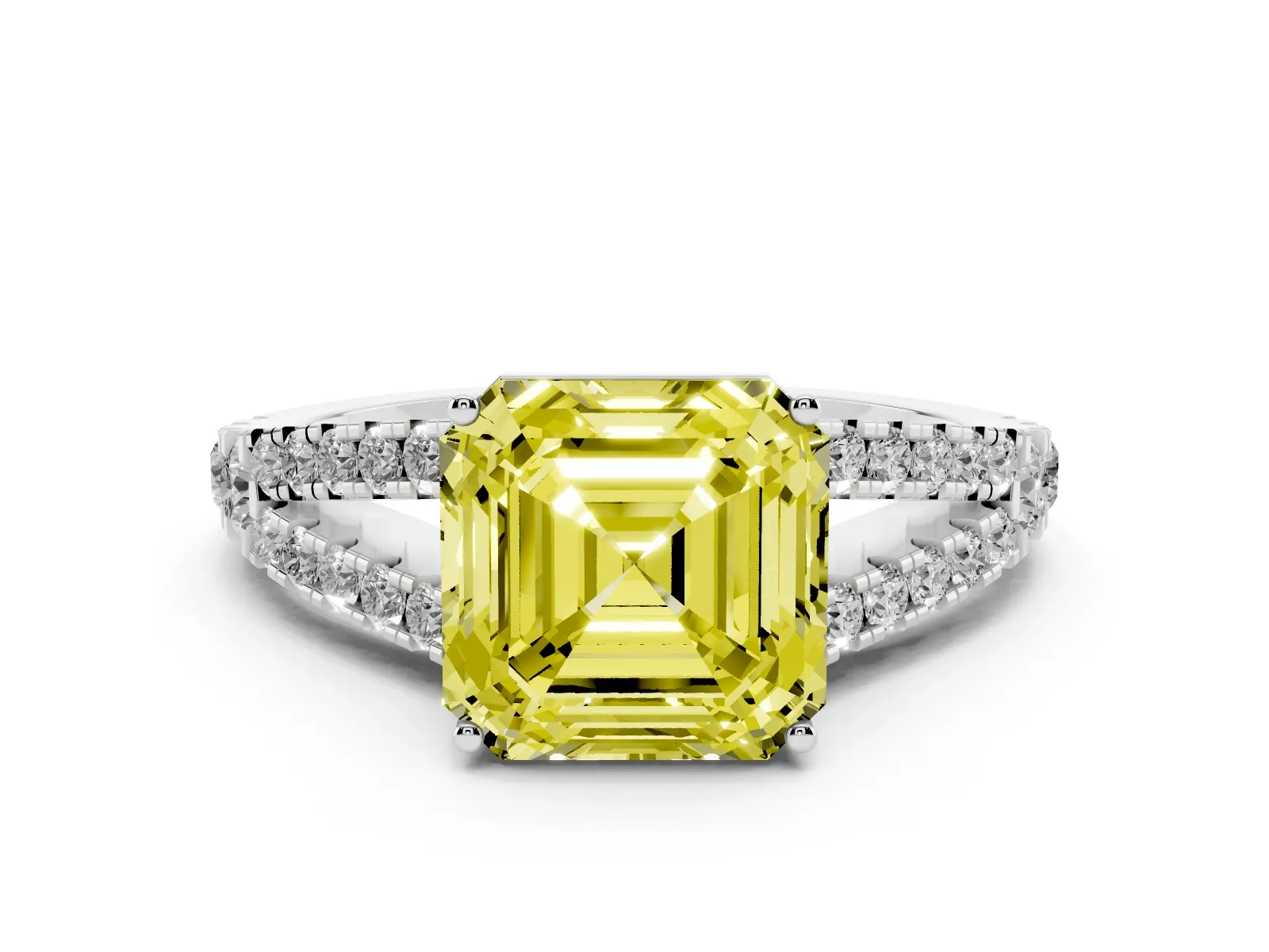 Fancy Yellow Asscher Cut Diamond Split Shank Engagement Ring with Round Pavé and Prong Setting White gold