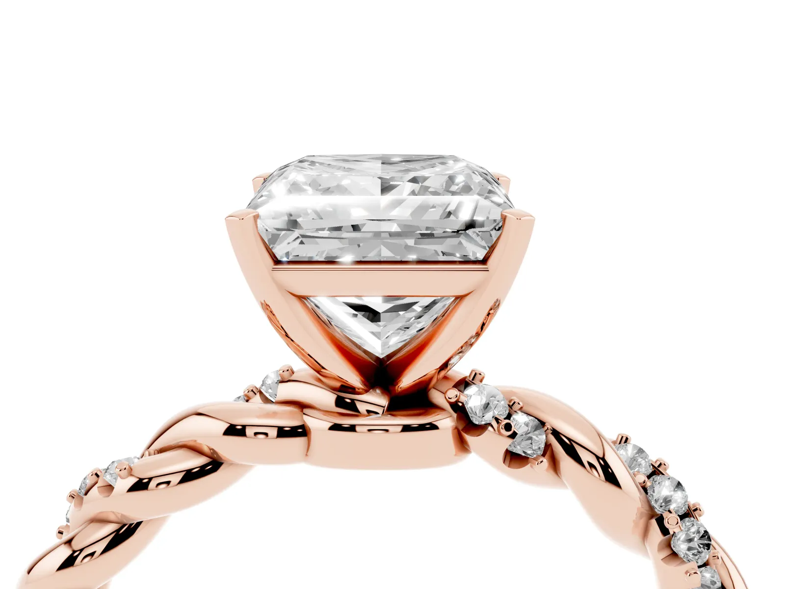 Princess Cut Diamond Solitaire Ring with Twisted Band and Pavé Accents Rose gold