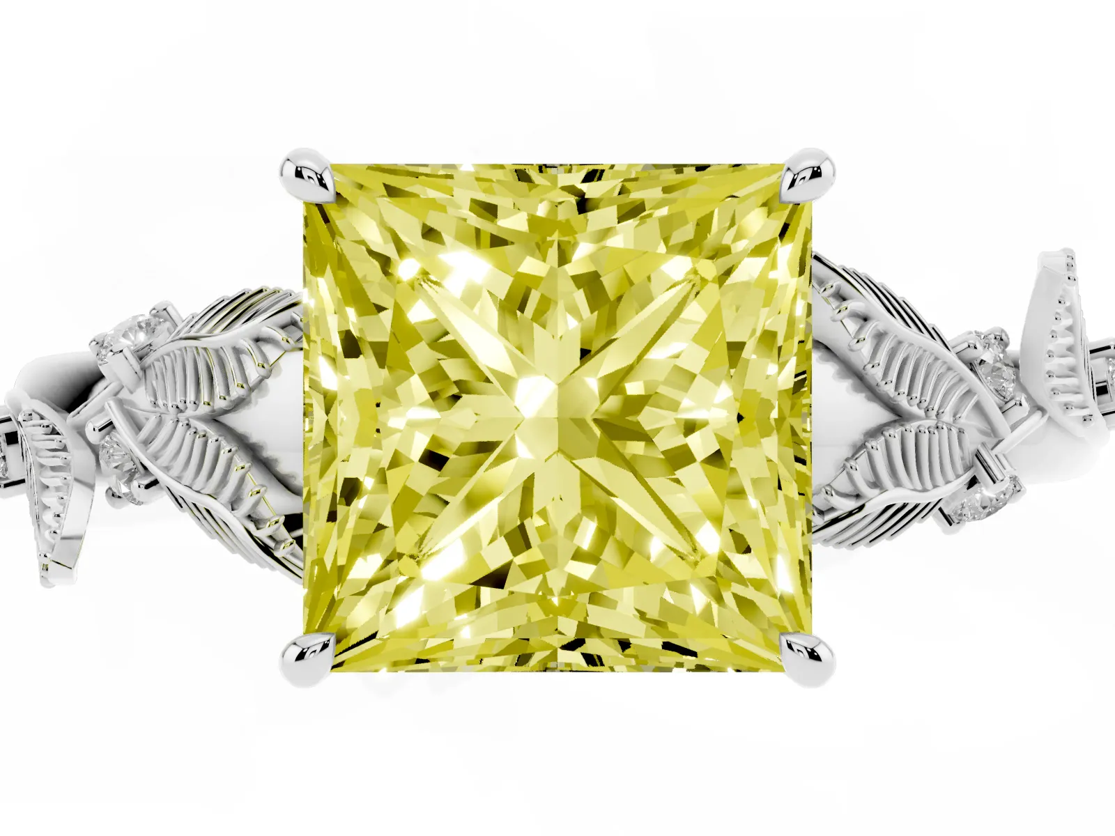 Fancy Yellow Princess Cut Diamond Solitaire Ring with Leaf Motif Band and Four-Prong Setting Platinum