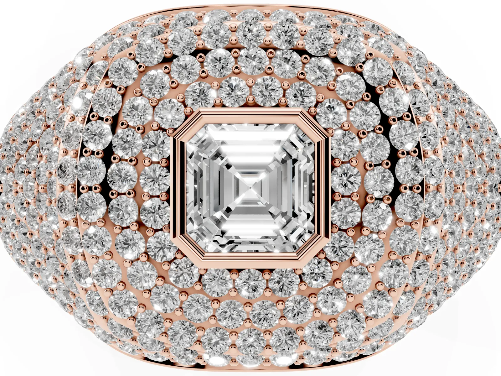 Asscher Cut Diamond Bezel Set Pavé Dome Mens Ring Rose gold