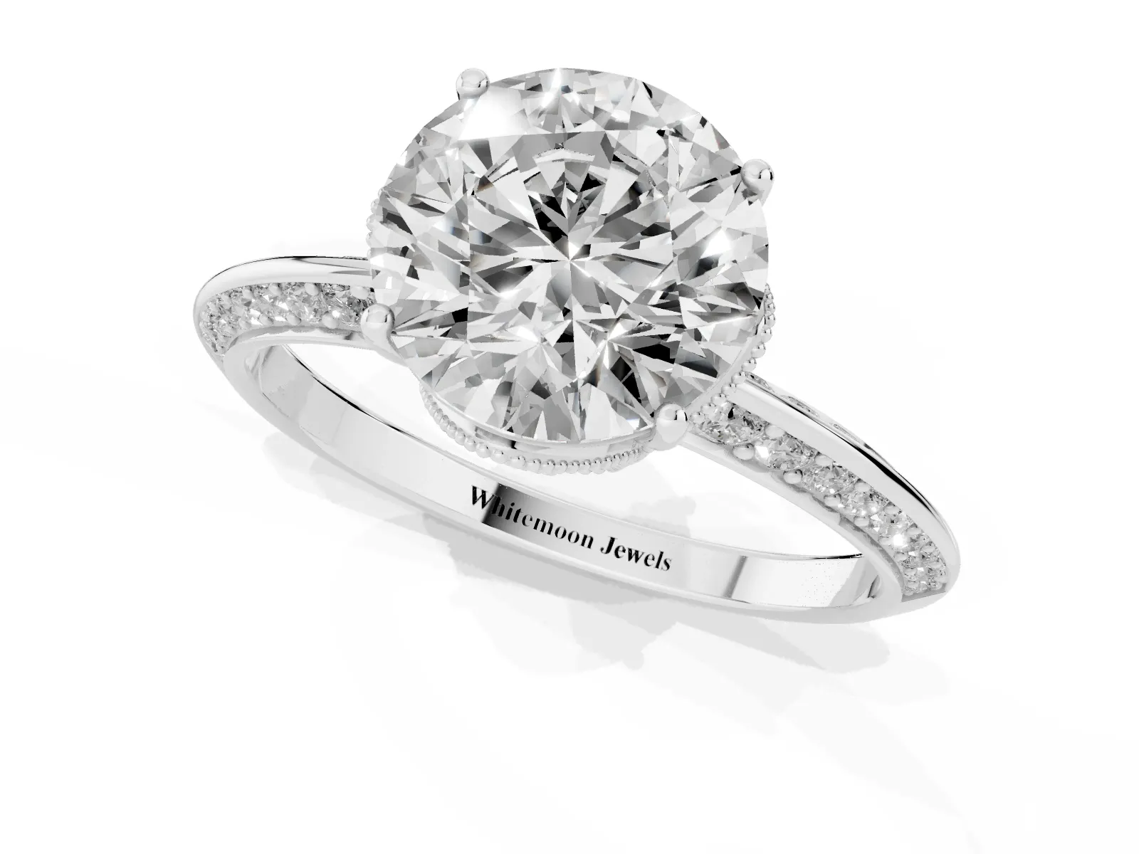 Round Cut Solitaire Split Shank Pave Diamond Engagement Ring with Four-Prong Setting Silver