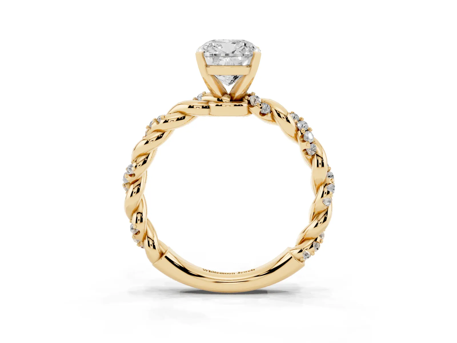Cushion Cut Diamond Solitaire Ring with Twisted Band and Pavé Accents Yellow gold