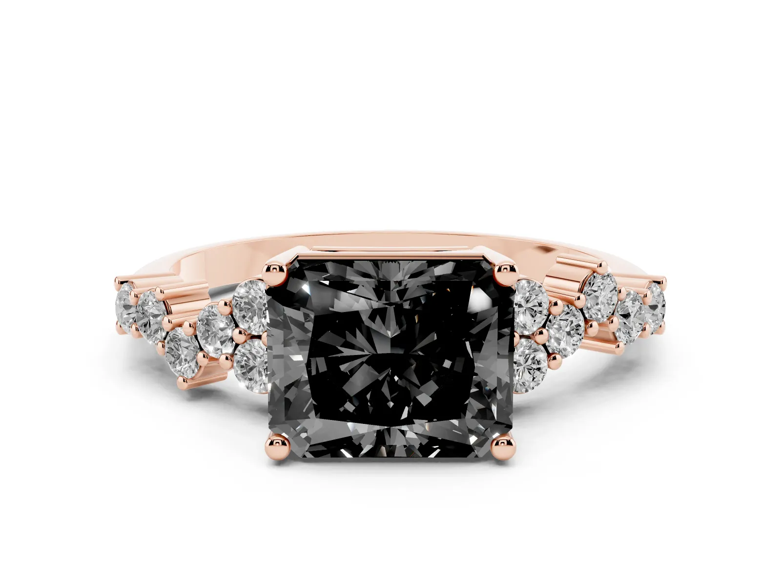 Fancy Black Radiant Cut Diamond Scattered Round Accent Ring with Prong Setting Rose gold