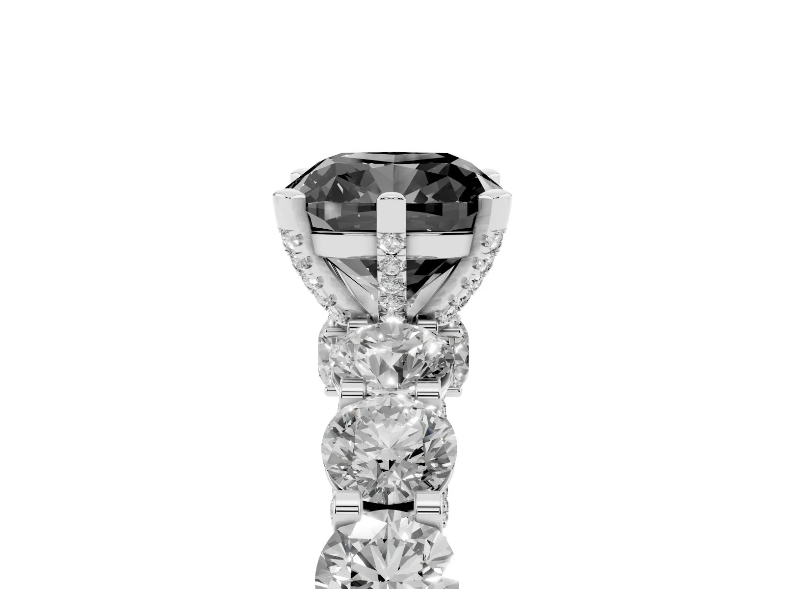 Fancy Black Cushion Cut Diamond Side Stone Engagement Ring with Four-Prong Setting Platinum