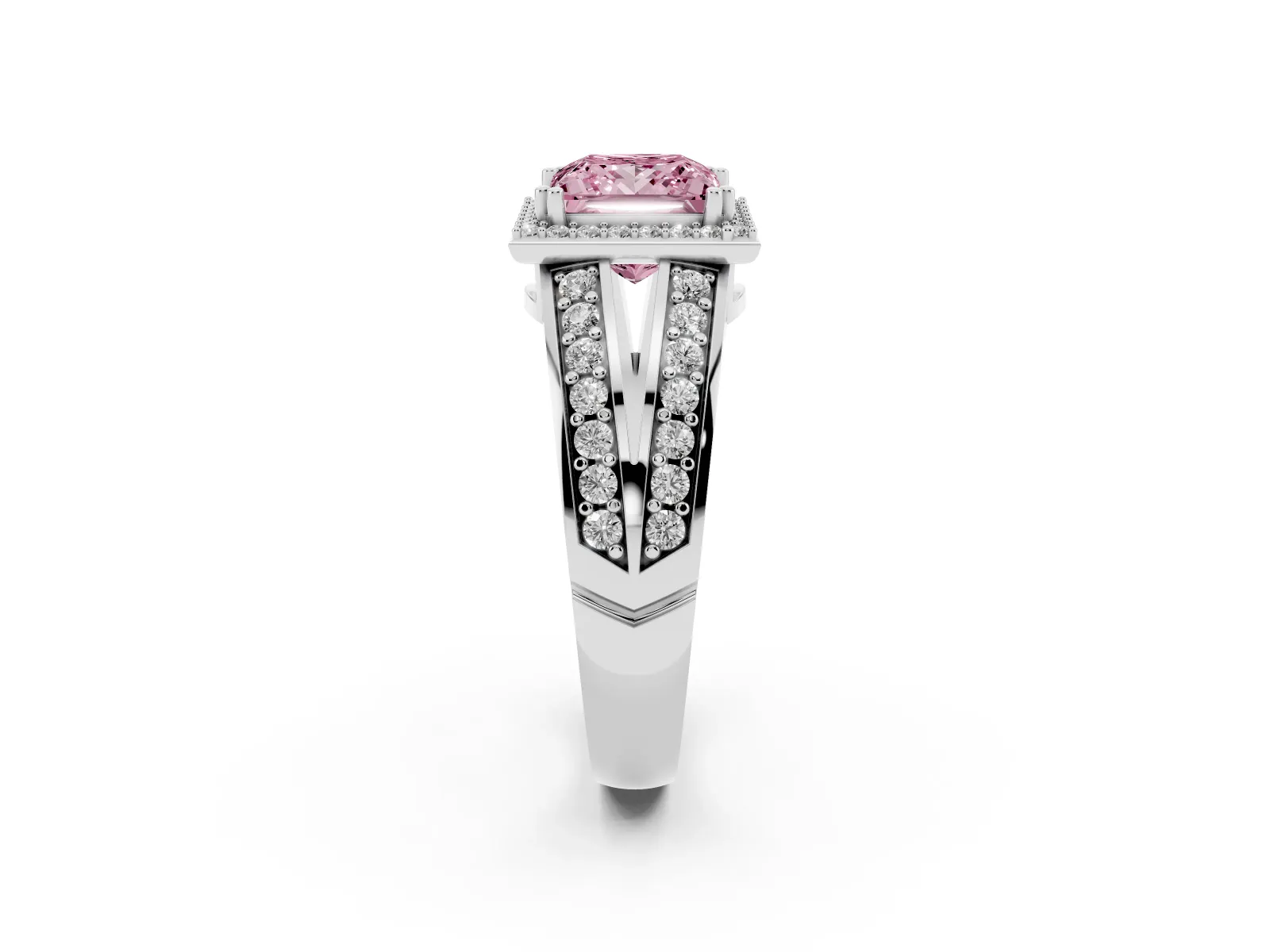 Fancy Pink Princess Cut Diamond Halo Ring with Split Shank Pavé Band and Four-Prong Setting Platinum