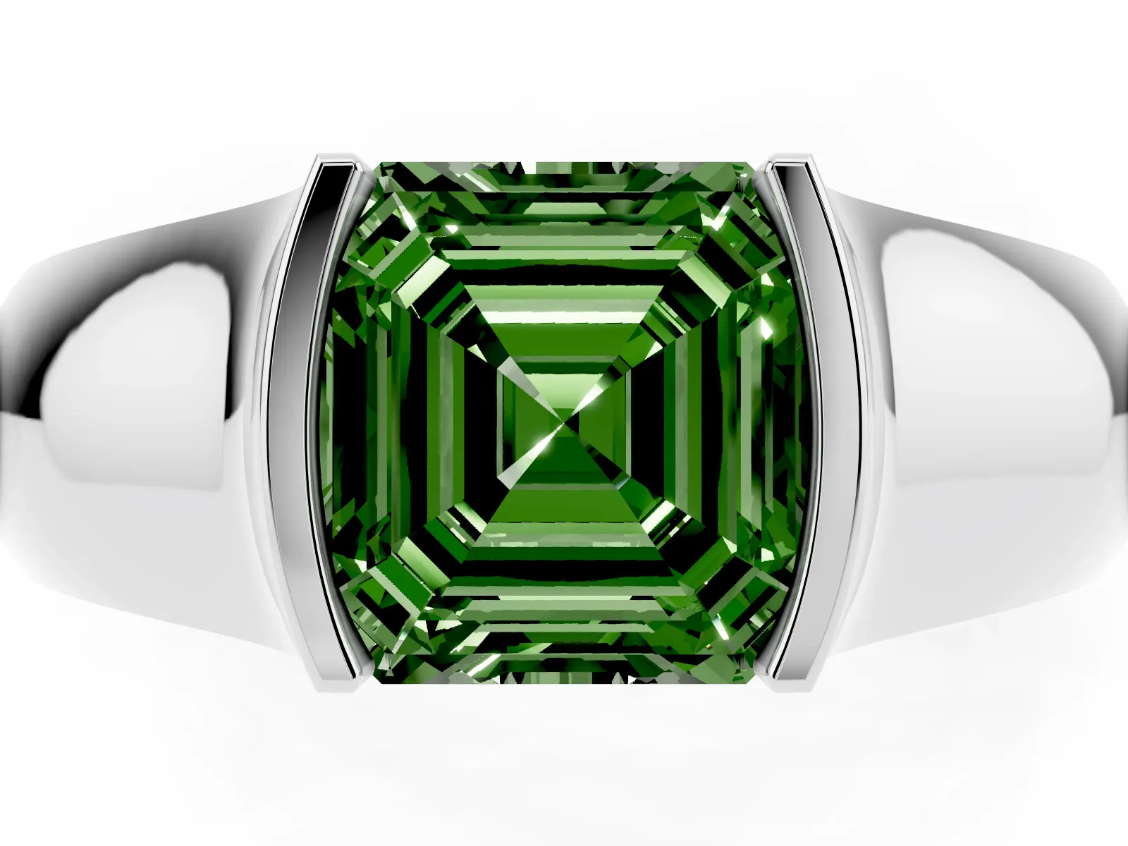 Fancy Green Asscher Cut Solitaire Bezel Set Diamond Ring with Wide Band Platinum