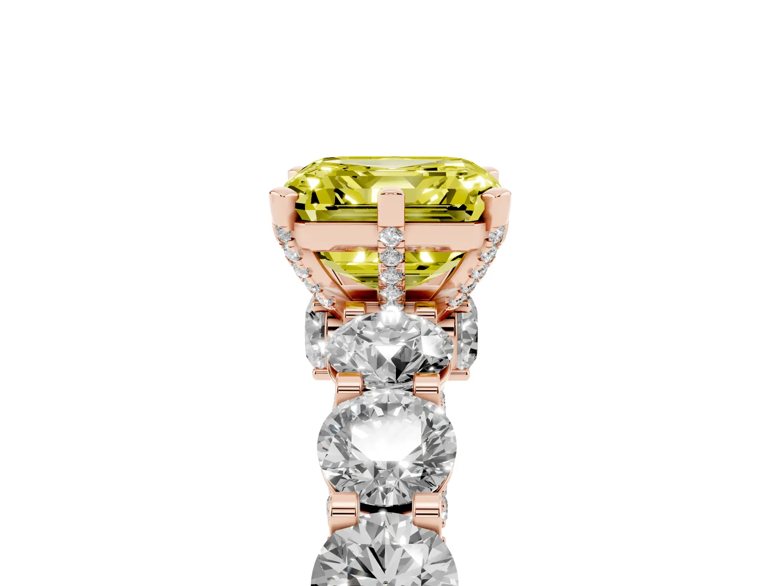 Fancy Yellow Asscher Cut Diamond Side Stone Engagement Ring with Four-Prong Setting Rose gold
