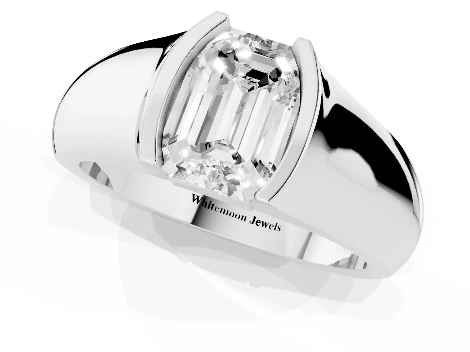 Emerald Cut Solitaire Bezel Set Diamond Ring with Wide Band Platinum