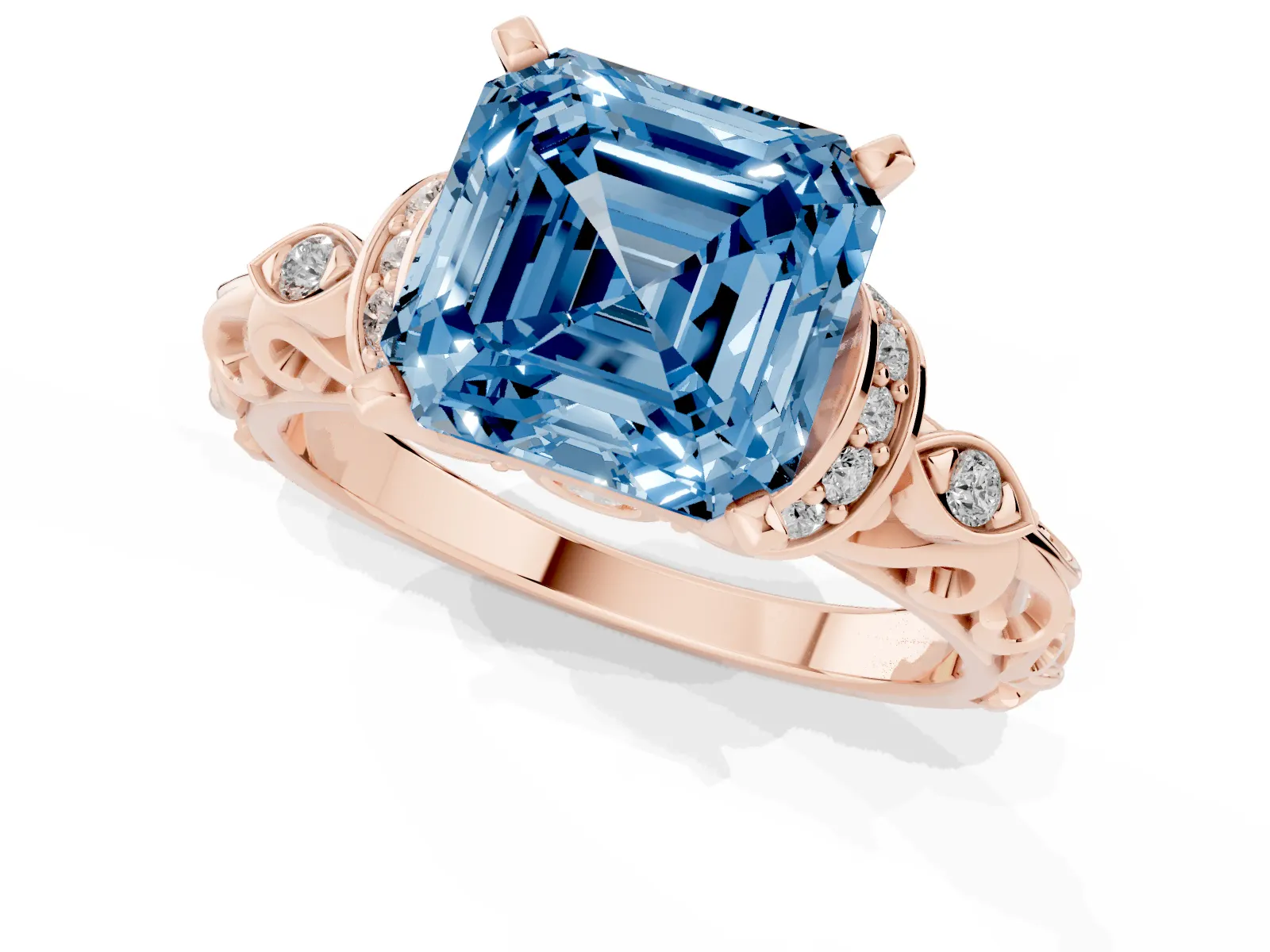 Fancy Blue Asscher Cut Diamond Solitaire Ring with Filigree Band and Four-Prong Setting Rose gold