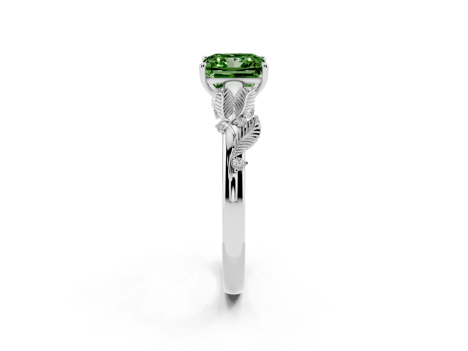 Fancy Green Princess Cut Diamond Solitaire Ring with Leaf Motif Band and Four-Prong Setting Platinum