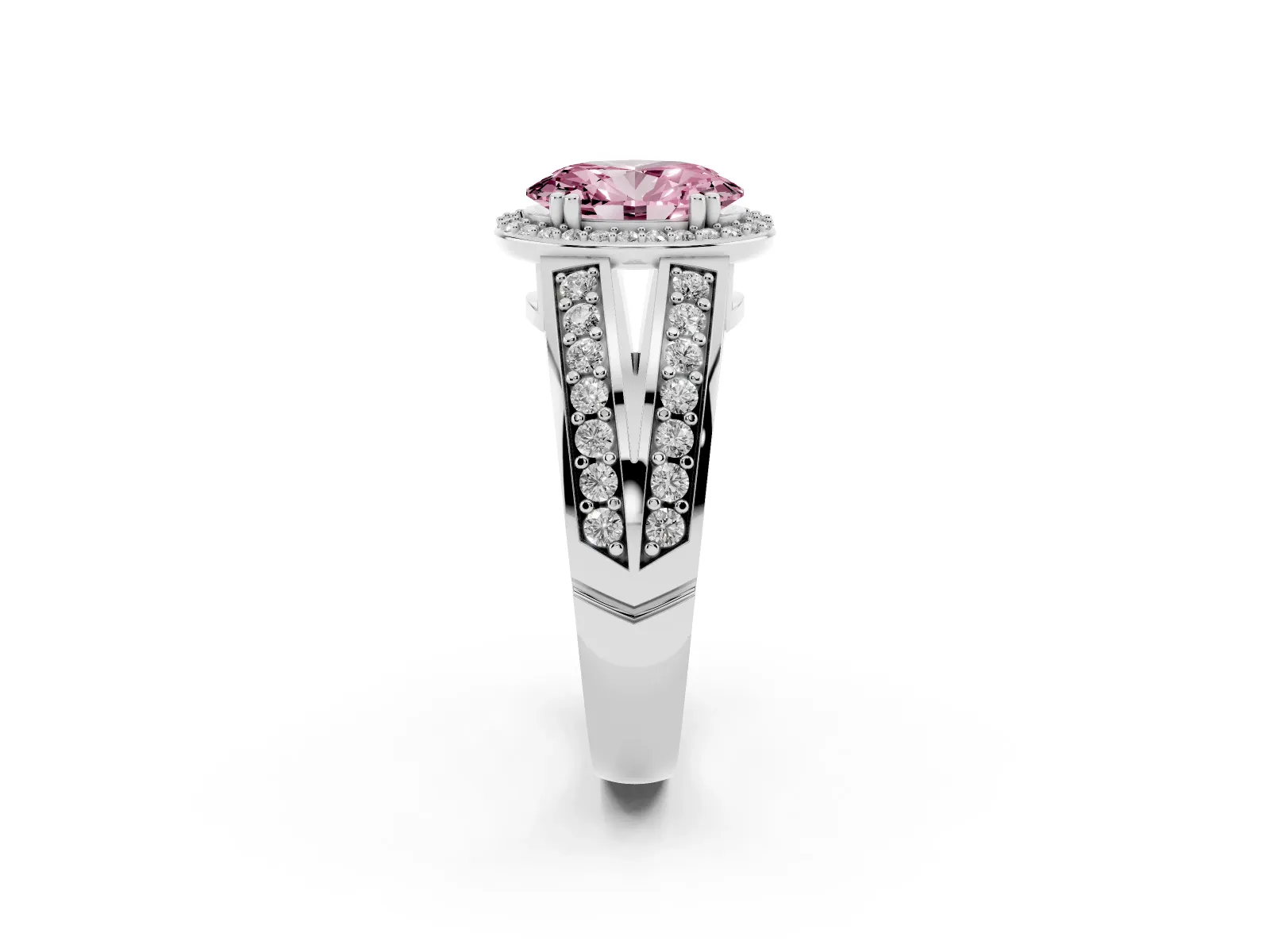 Fancy Pink Oval Cut Diamond Halo Ring with Split Shank Pavé Band and Four-Prong Setting White gold