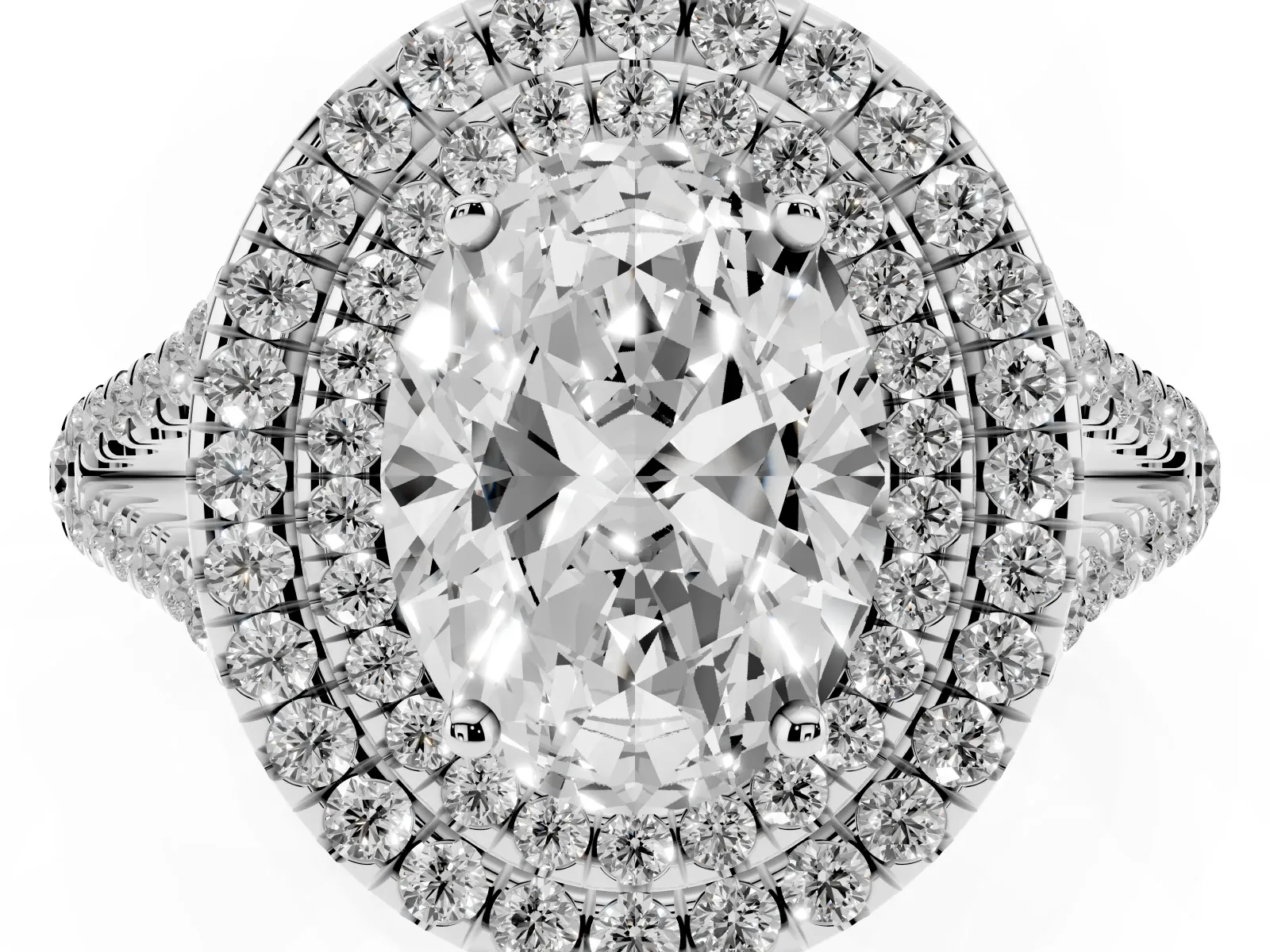 Oval Cut Diamond Double Halo Ring with Pavé Band and Prong Setting Platinum