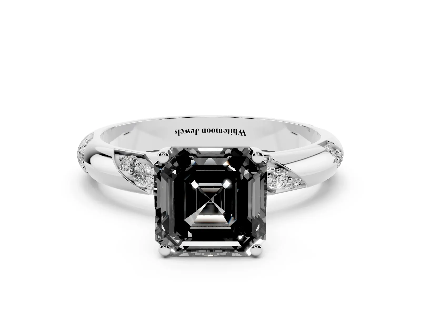 Fancy Black Asscher Cut Diamond Solitaire Engagement Ring with Twisted Round Accent Band and Prong Setting Platinum